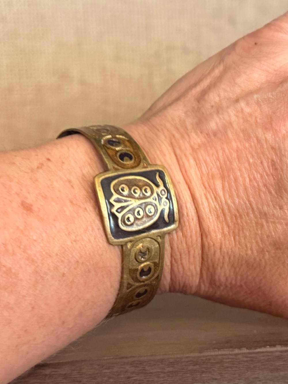 Vintage Antique Gold Brass Enamel Ladybug Cuff Bracelet